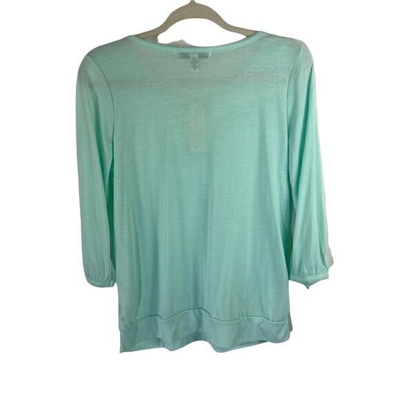 French Laundry Top Medium Blue Aqua Women Ruffle 3/4 Sleeve Colorful Sparkle New - Picture 4 of 5